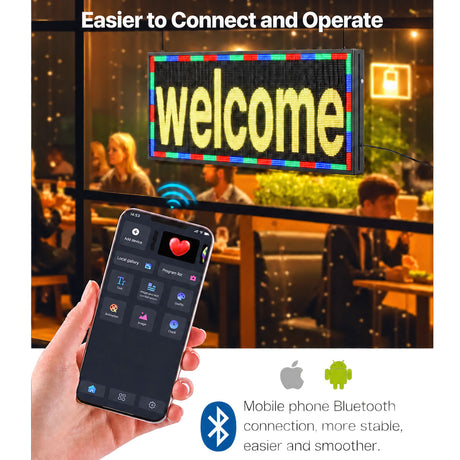 Digital sign mobile programming illustration showing Bluetooth and iOS and Android compatibility