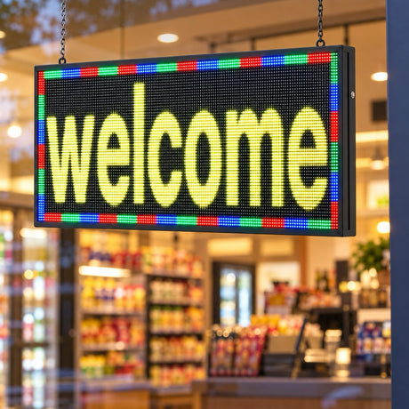 RGB digital banner sign displayed in a storefront window