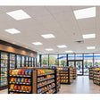 Square LED panel lights shown in a convenience store ceiling