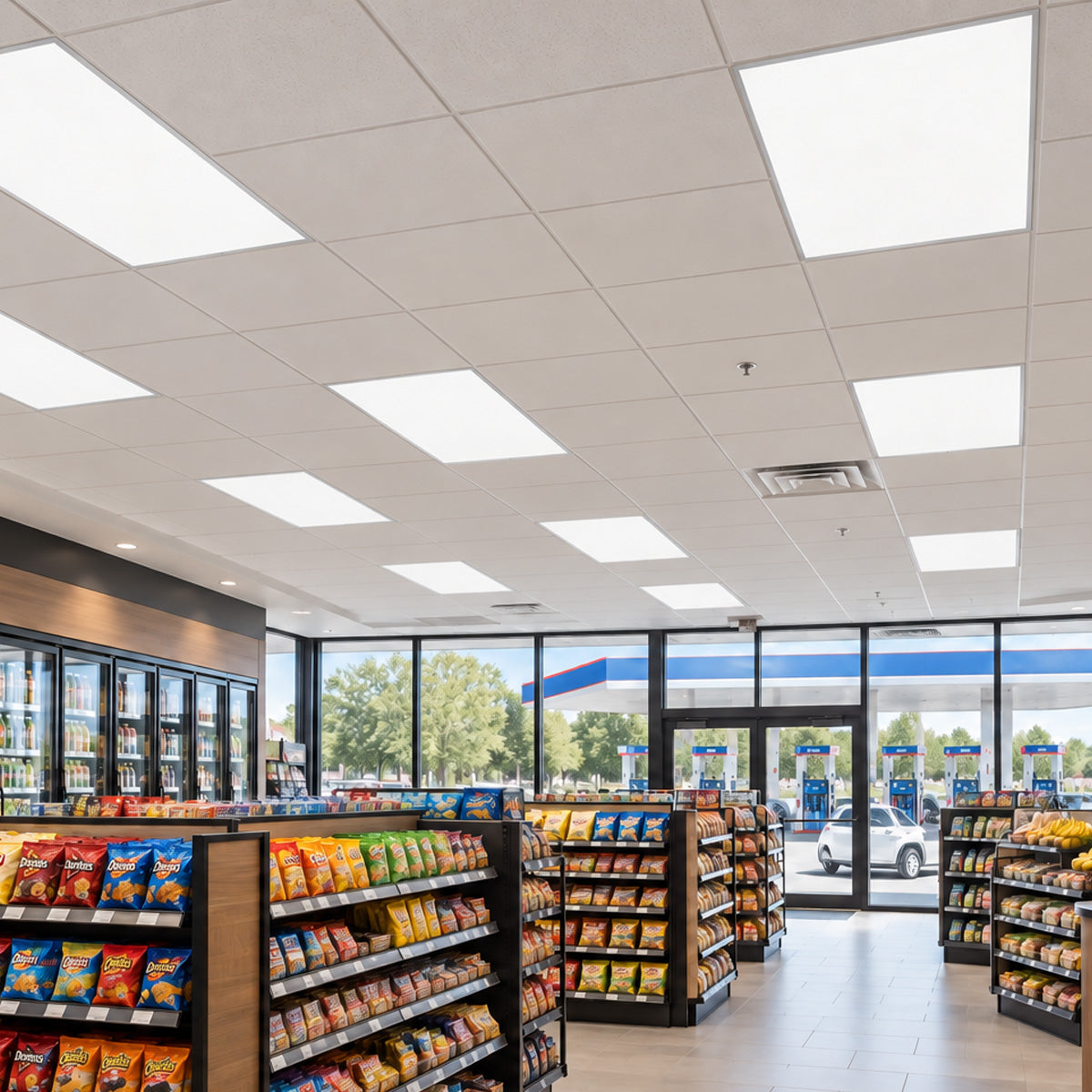 LED panel lights shown in a convenience store ceiling