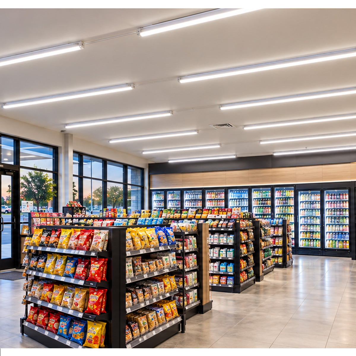 Integrated LED lights shown illuminating a convenience store