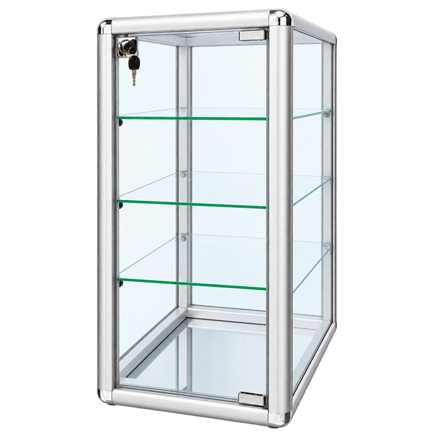F-1302S right angle - 14 x 12 x 27 H silver tempered glass counter case