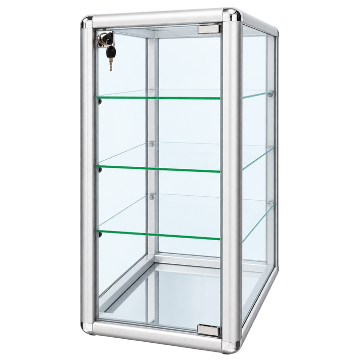 F-1302S right angle - 14 x 12 x 27 H silver tempered glass counter case