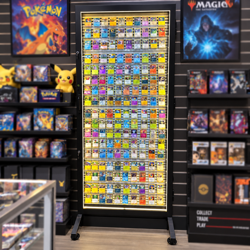 Trading card display stocked with cards in a game store setting