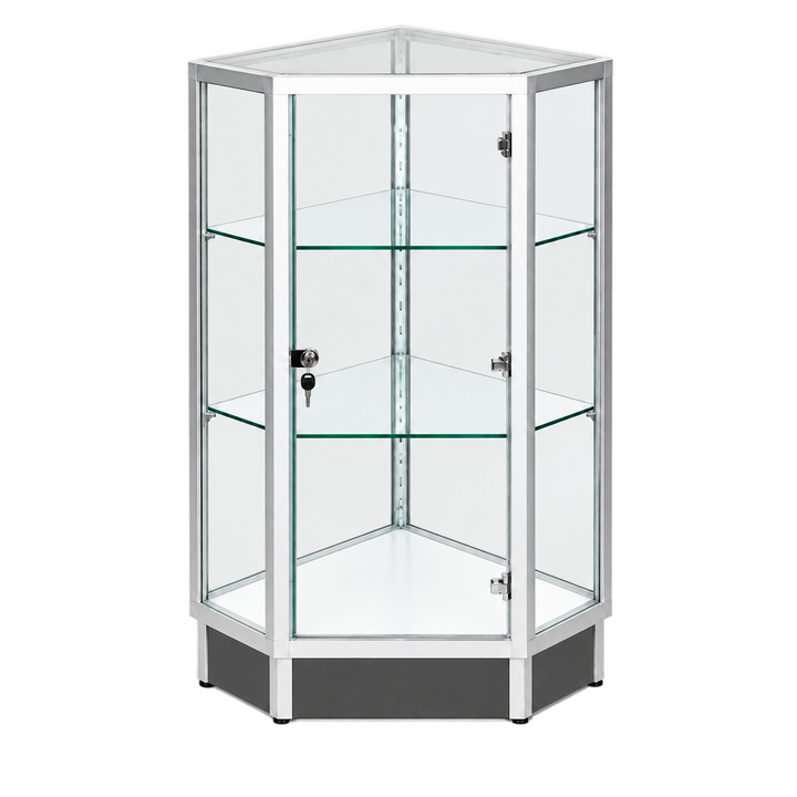 Aluminum Extra Vision corner display case with locking swing door