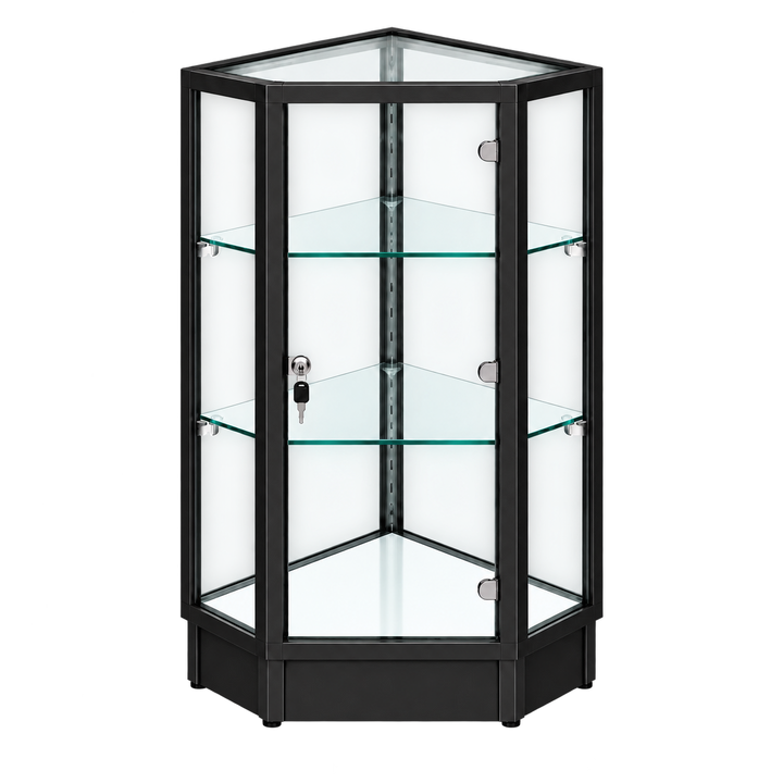 Black aluminum Extra Vision corner display case with locking swing door