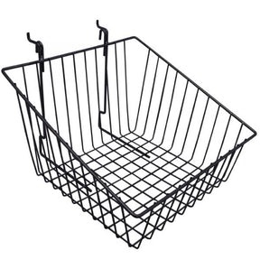 Black 12" × 12" × 8" × 4" slant-front gridwall/slatwall basket