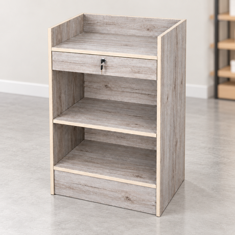 Barnwood Retail Cash Register Stand back view in a simple store setting