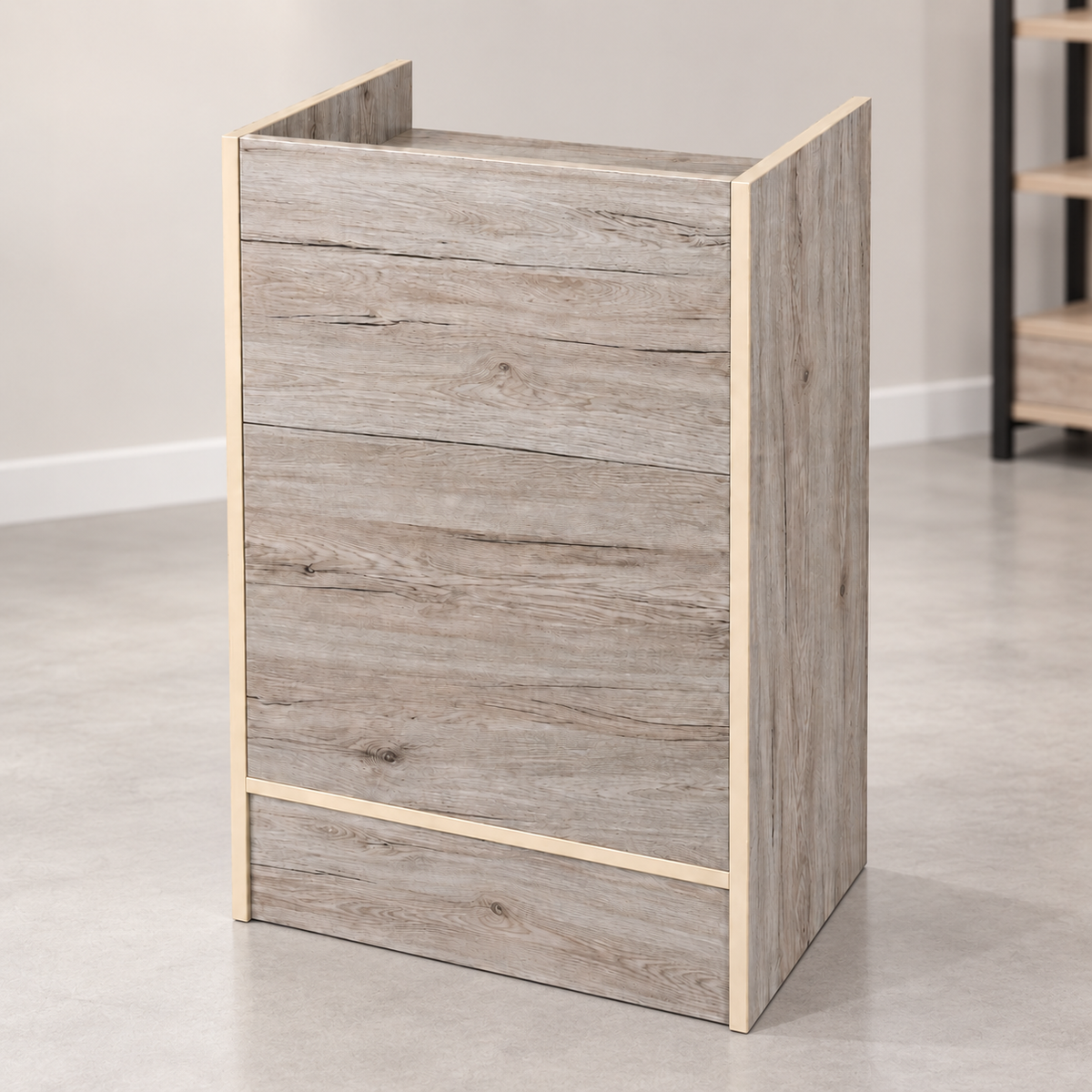 Barnwood Retail Cash Register Stand front view in a simple store setting