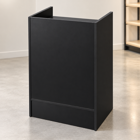 Black Retail Cash Register Stand front view in a simple store setting