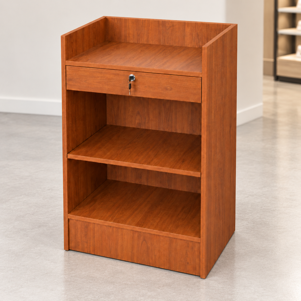 Cherry Retail Cash Register Stand back view in a simple store setting