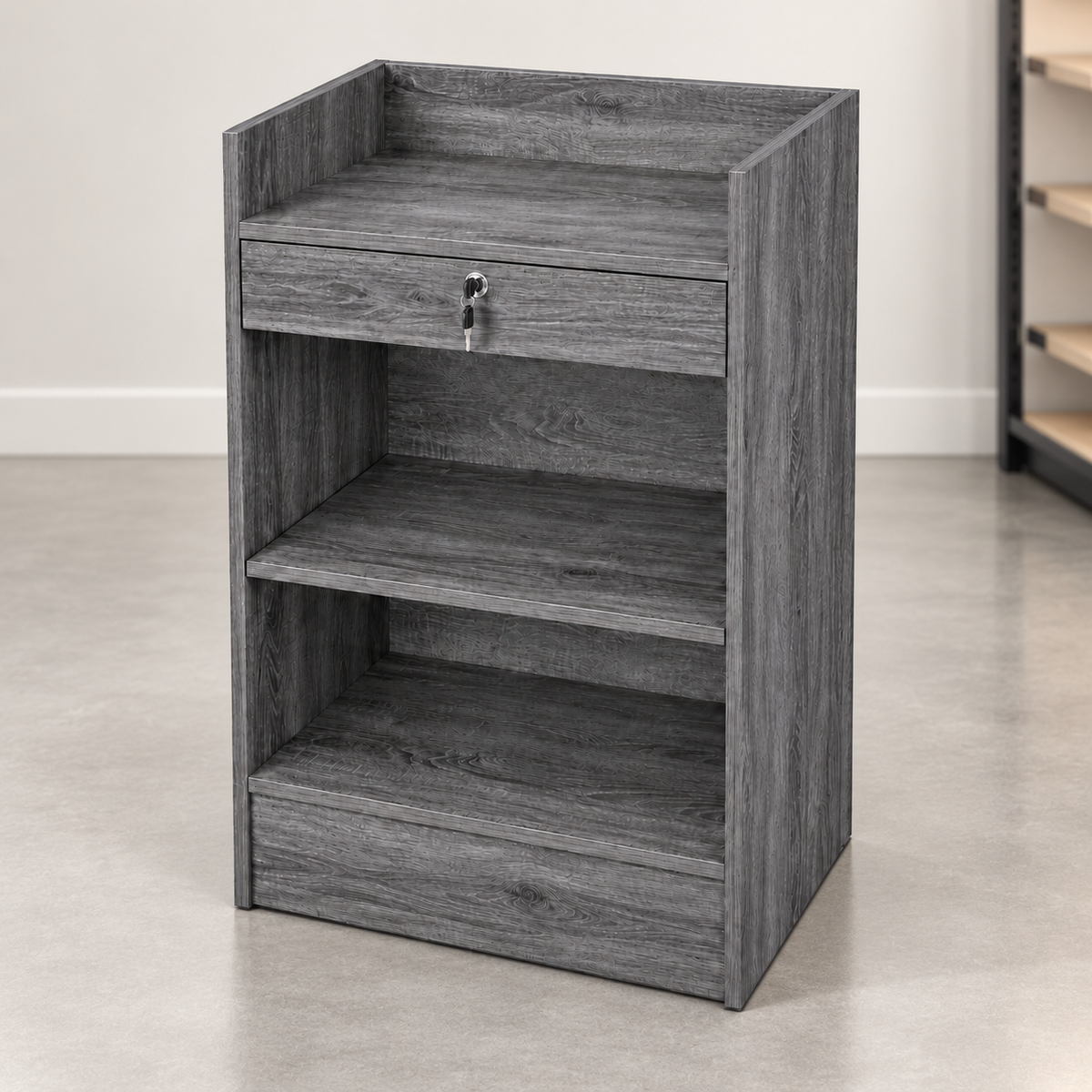 Rustic Gray Retail Cash Register Stand back view in a simple store setting