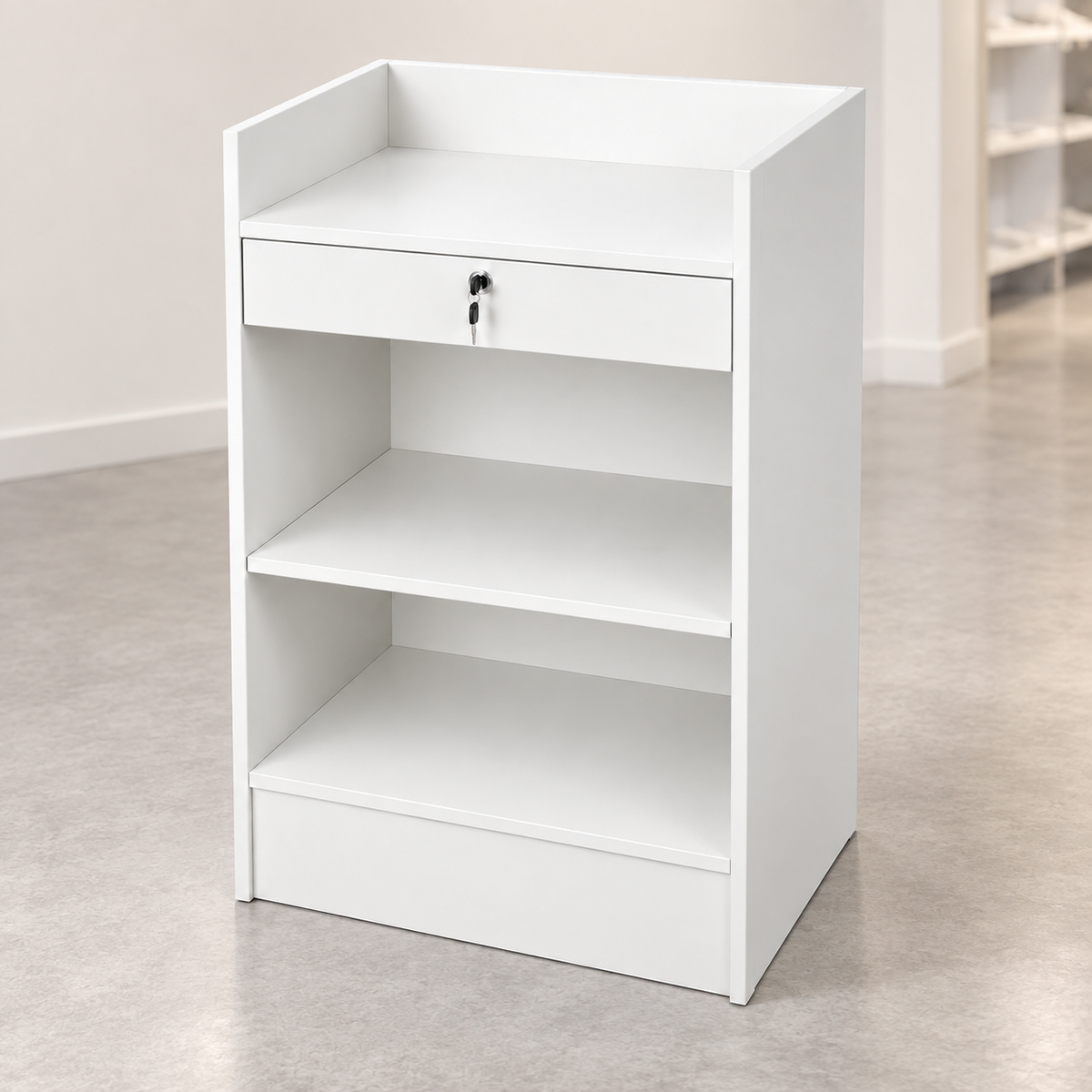 White Retail Cash Register Stand back view in a simple store setting