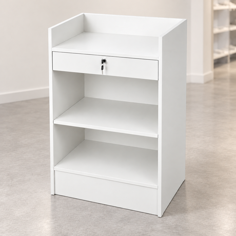 White Retail Cash Register Stand back view in a simple store setting