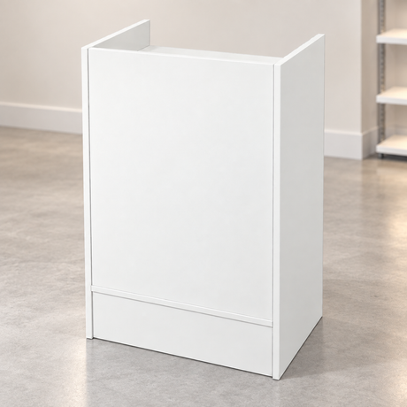 White Retail Cash Register Stand front view in a simple store setting