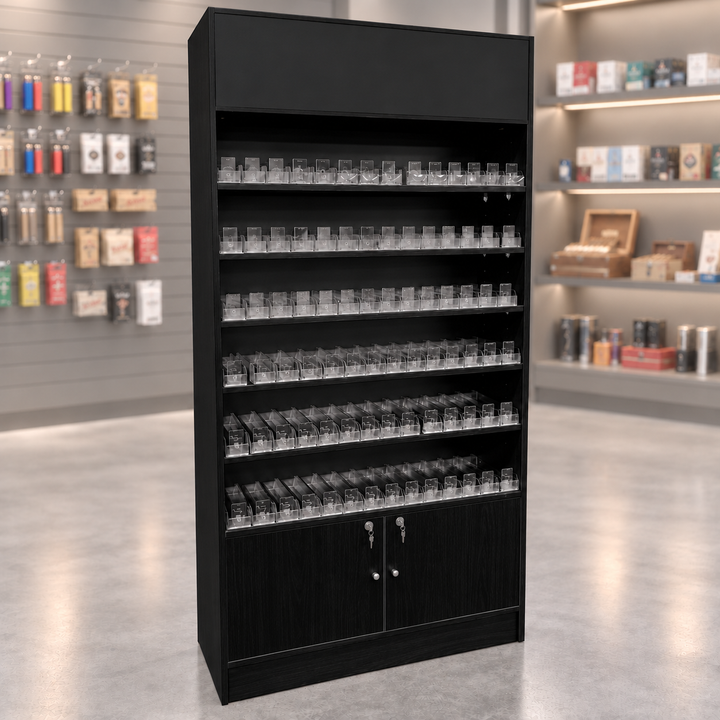 Black cigarette dispenser wallcase with locking storage doors in a muted smoke shop