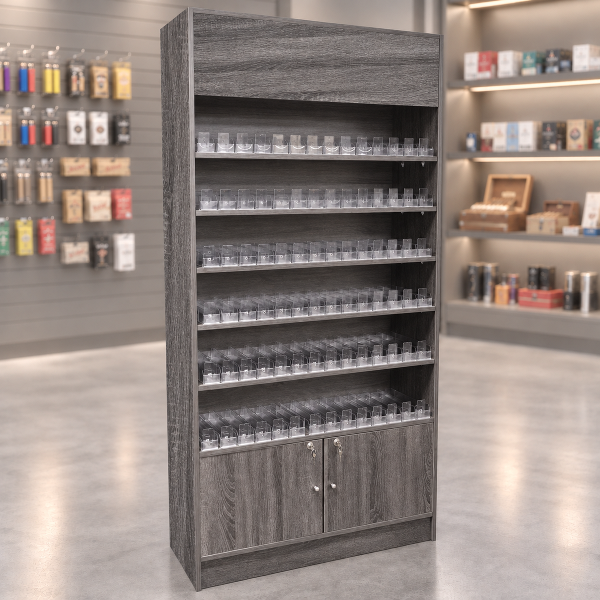rustic-gray cigarette dispenser wallcase with locking storage doors in a muted smoke shop