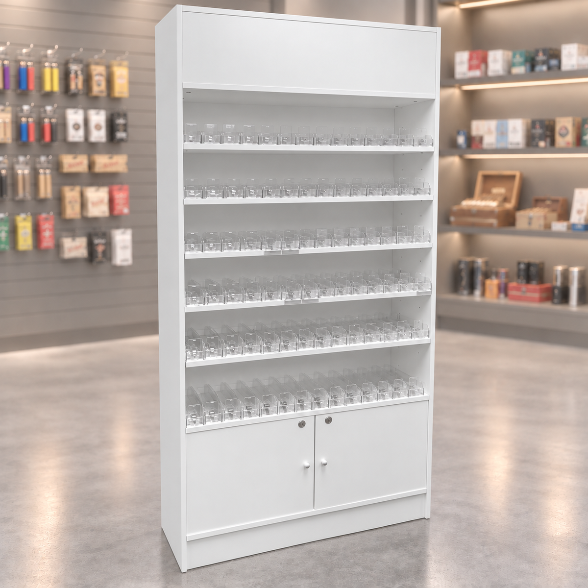 White cigarette dispenser wallcase with locking storage doors in a muted smoke shop