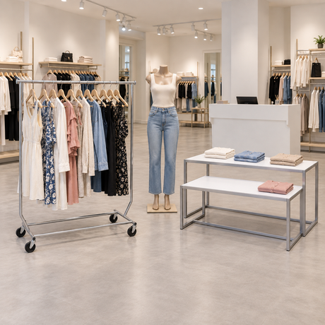 Clothing store fixtures with salesman rack, nesting tables, mannequin, and checkout counter
