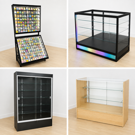 Showcases and retail counters category featuring retail display fixtures