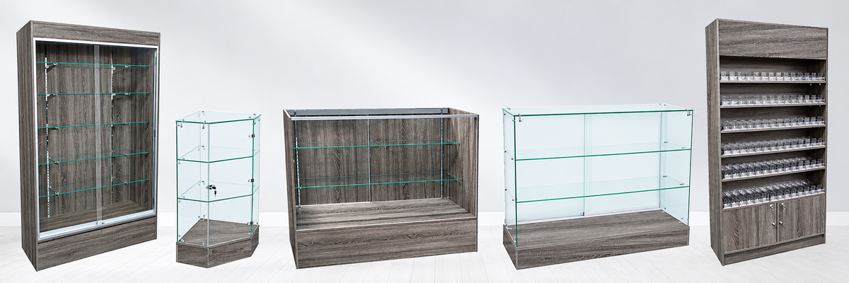 rustic gray display cases and retail counters