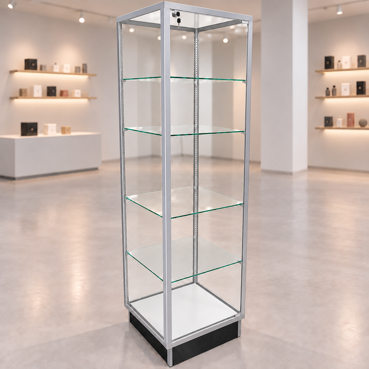 Aluminum Extra Vision Retail Glass Tower Display in a muted retail store