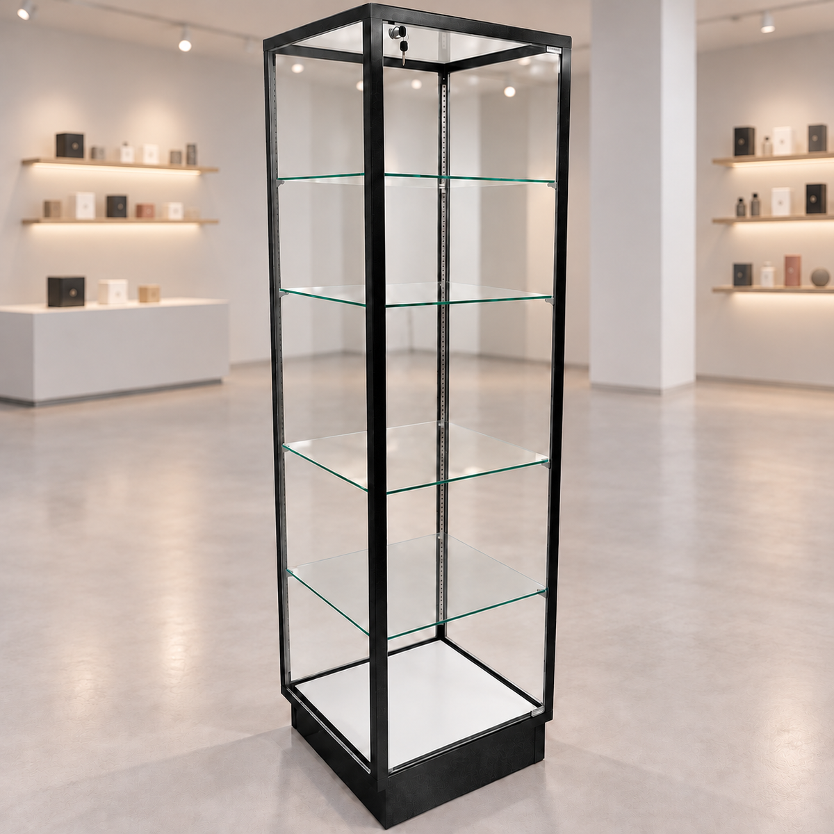 Black Extra Vision Retail Glass Tower Display in a muted retail store