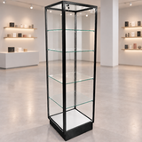 Black Extra Vision Retail Glass Tower Display in a muted retail store