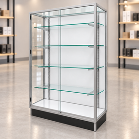 Aluminum Extra Vision Retail Wallcase in a simple retail store