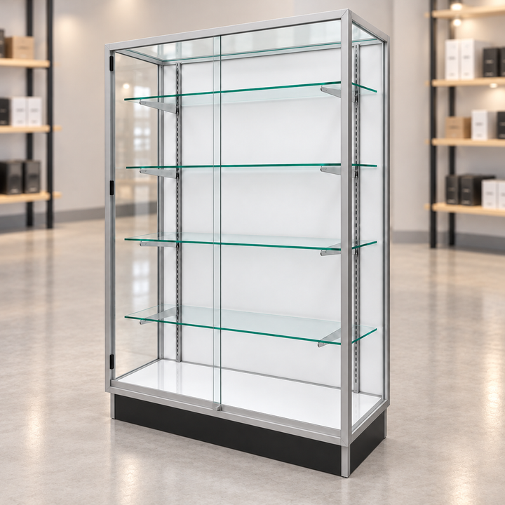 Aluminum Extra Vision Retail Wallcase in a simple retail store