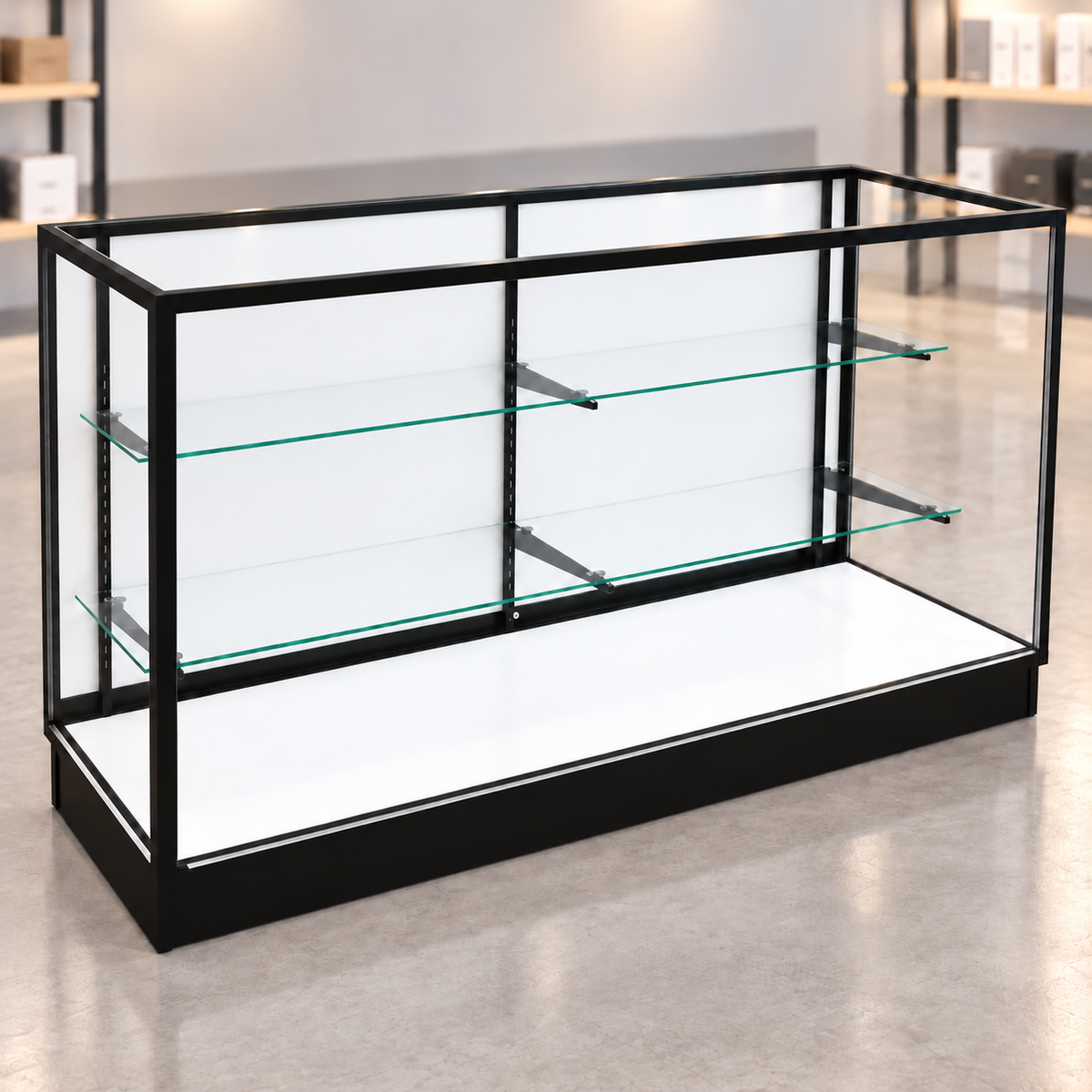 6-foot Black Extra Vision Showcase with fully solid white back doors