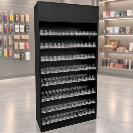 Black full wallcase with acrylic push-back cigarette dispensers in a light muted smoke shop