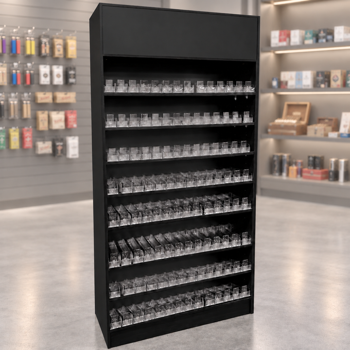 Black full wallcase with acrylic push-back cigarette dispensers in a light muted smoke shop