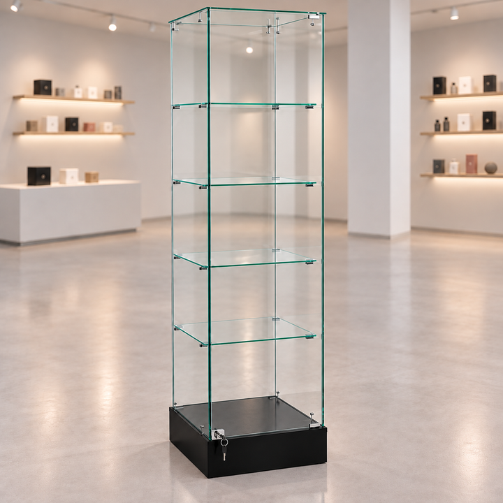 Black Full Frameless Retail Glass Tower Case in a muted retail store