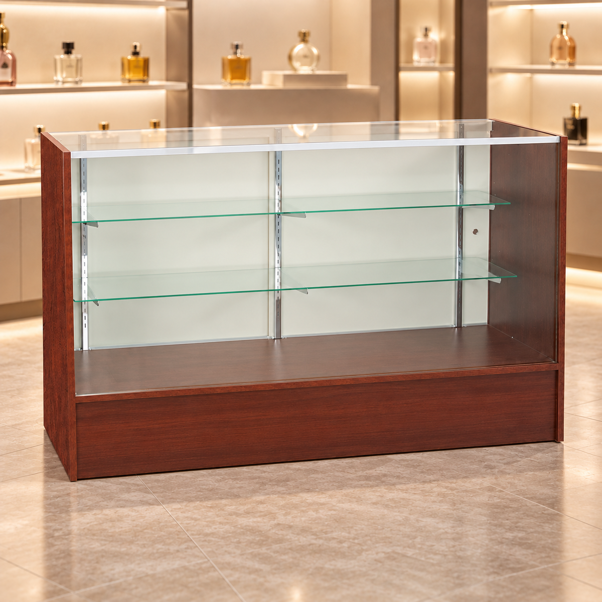 6-foot walnut Full Vision Retail Showcase in a store