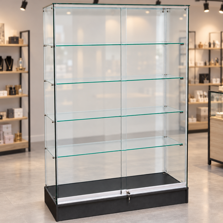 Full Vision Frameless Retail Wallcase – Black in a retail store setting