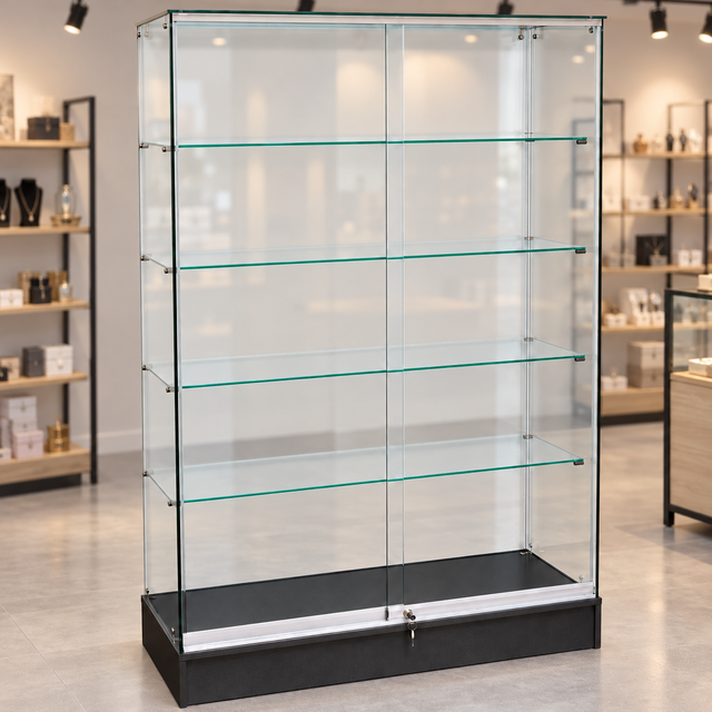 Full Vision Frameless Retail Wallcase – Black in a retail store setting