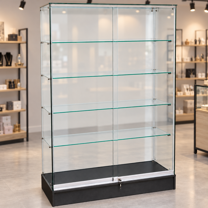 Full Vision Frameless Retail Wallcase – Black in a retail store setting