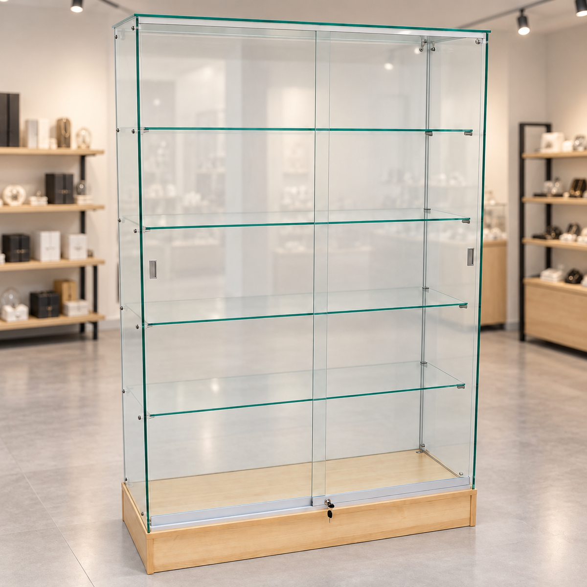 Full Vision Frameless Retail Wallcase – Maple in a retail store setting