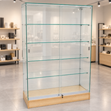Full Vision Frameless Retail Wallcase – Maple in a retail store setting