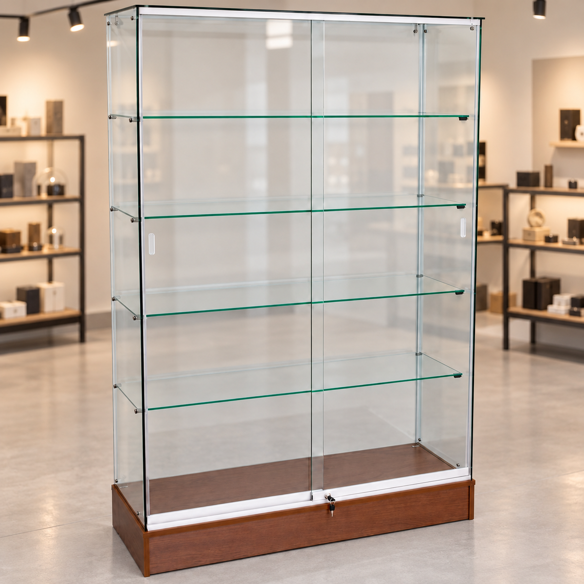 Full Vision Frameless Retail Wallcase – Walnut in a retail store setting