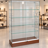 Full Vision Frameless Retail Wallcase – Walnut in a retail store setting