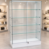 Full Vision Frameless Retail Wallcase – White in a retail store setting