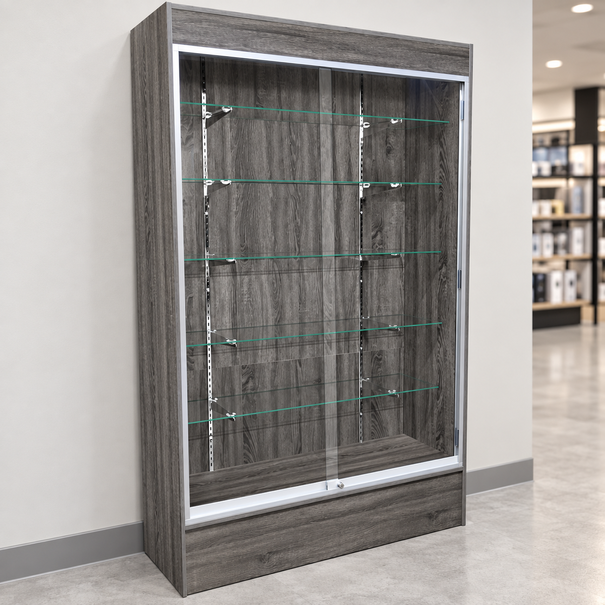 Rustic Gray Fullview Retail Wallcase in a simple store setting