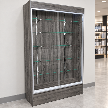 Rustic Gray Fullview Retail Wallcase in a simple store setting