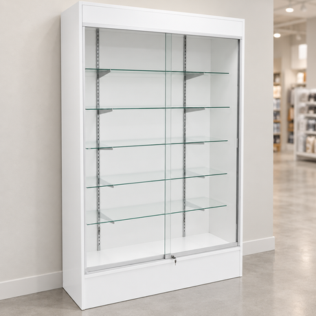 White Fullview Retail Wallcase in a simple store setting
