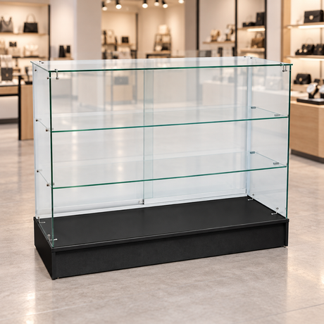 Black Fullvision Frameless Retail Showcase in a simple retail store setting