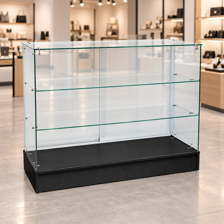 Black Fullvision Frameless Retail Showcase in a simple retail store setting