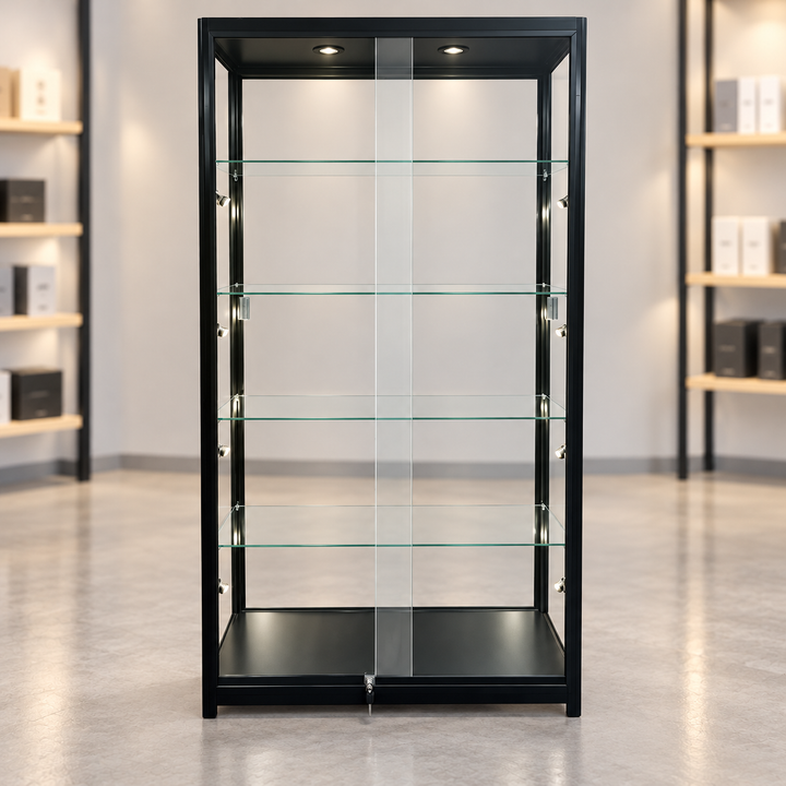 Black Fullvision Lighted Retail Wallcase with clear glass and LED lighting in a retail store