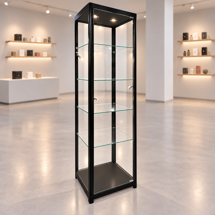Black Fullvision Lighted Retail Glass Tower Display in a muted retail store